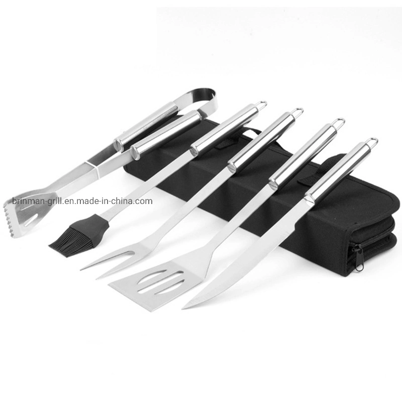 5 PCS Stainless Steel BBQ Tools with Spatula Tongs Fork Knife Basting Brush for Barbecue Camping Kitchen BBQ Grill Tools