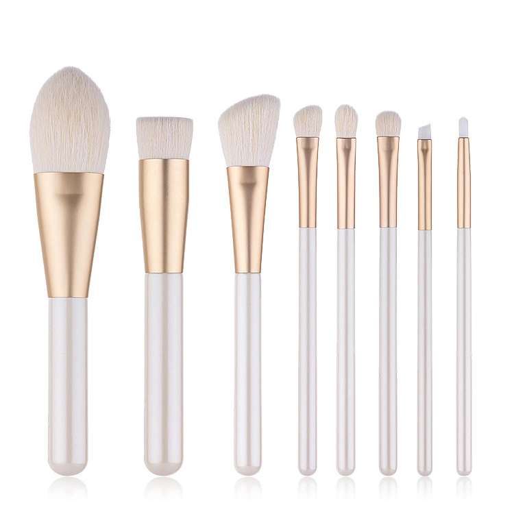 High Quality Crystal White Color Makeup Brushes Set 8PCS Synthetic Hair Wood Handle Cosmetic Kit with Private Label