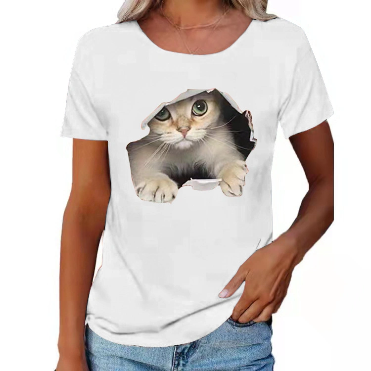 T-shirt en gros personnalisé pour femmes, imprimé graphique, vêtements pour dames, tee-shirt de mode, hauts en 3D avec motif de chat.