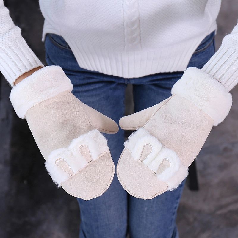 Women's Winter Full Fingers Suede Rabbit Ears Cycling Velvet Thickened Warm Plush Student Gloves