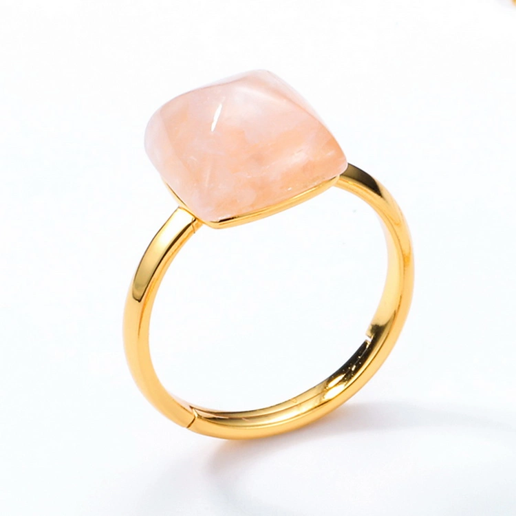 Simple Design Gold Plated Rings Square Shape Gemstone Ring S925 Silver Rose Quartz Ring Gift Jewelry for Women