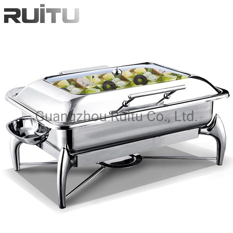 Hotel Buffet Server Food Warmer Dish Fuel or Electric Heater Stove Square Shape 6L Stainless Steel Hydraulic Chef in Dish Glass Lid Chaffing Dishes for Home Use