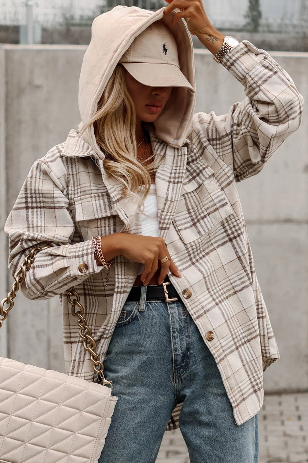 Chère-Lover vêtements d'hiver Classic Plaid Shacket Plaid capuche amovible boutonnée Veste pour Femme