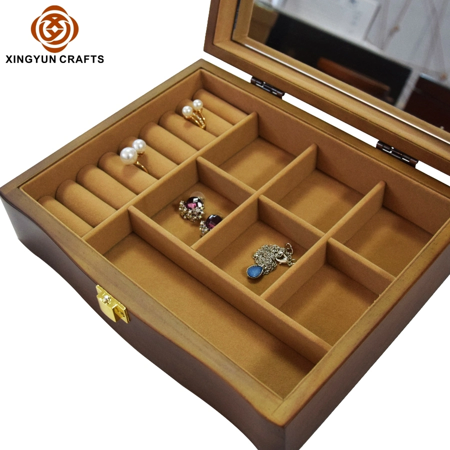 Luxury Wooden Craft Gifts Jewelry Case Large Capacity Jewelry Organizer Box with Cosmetic Mirror Wood Packing Box