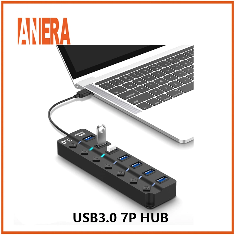 Anera de alta velocidad de 7 puertos USB3.0 Hub con interruptor individual de 5 Gbps compacto portátil