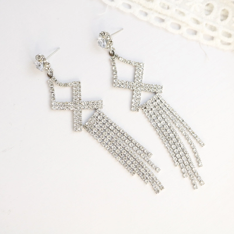 Wholesale/Supplier Bridal Rhinestones Tassel Earrings Silver Clear Rhinestones Stud Earrings Wedding Jewelry