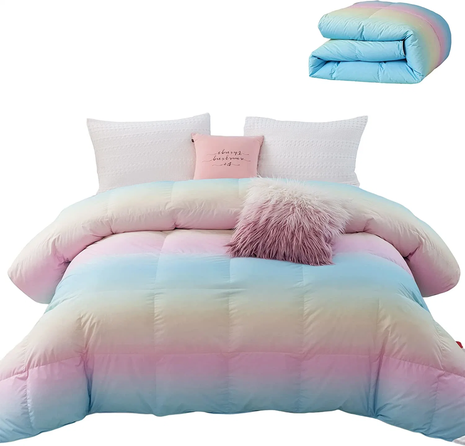 Heavyweight 75% Down Comforter Twin Size, Fluffy Duvet Insert with 8 Corner Tabs, Durable Down Proof Cotton Blended Fabric (Rainbow 68"X90")