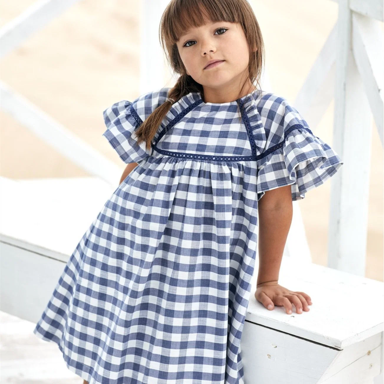 Customized Available Sweet Elegant Kids Clothes Cotton Gingham Pattern with Ruffle Sleeves Girls Dress
