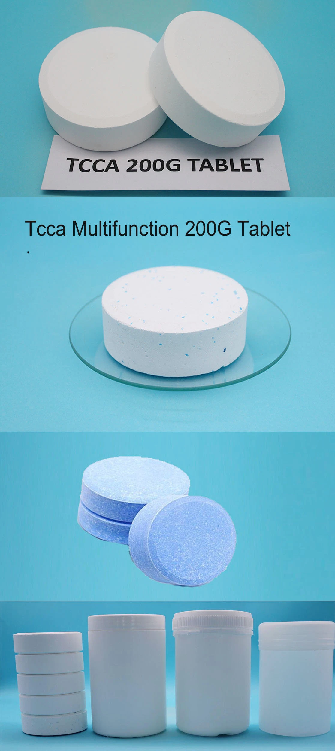 Trichloroisocyanuric Acid TCCA 20g, 150g, 200g, Tablet in Pocket, Tube, in Box, 5, 10, 20, 25, 50 Plastic Drum