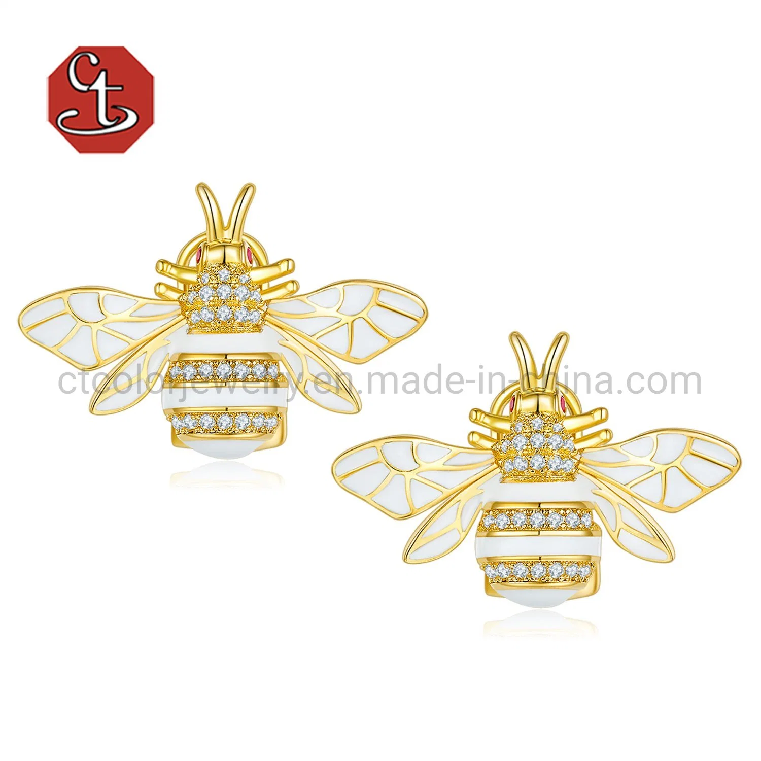 Neueste Silber 925 Sterling Ohrringe 14K Gold Emaille Animal Bee Modeschmuck