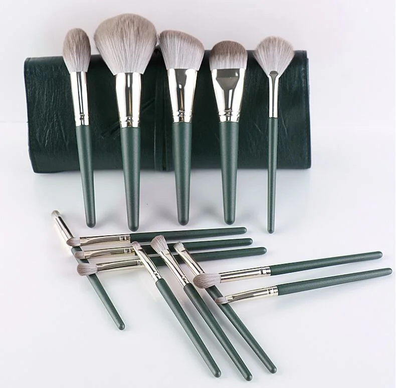 14PCS Green Luxury Set Kit Makeup Brush Private Label Foundation Cosmetic Brushes with PU Bag