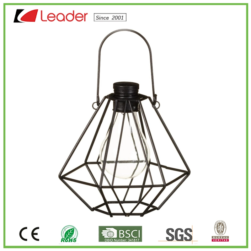 New Metal Caged Solar Lantern with Bulb Light for Outdoor Decoration