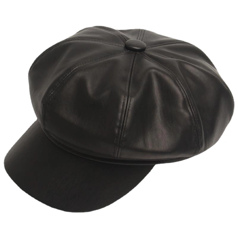 Winter Autumn Octagonal Flat Top Beret Newsboy Cap PU Leather Painter Hat