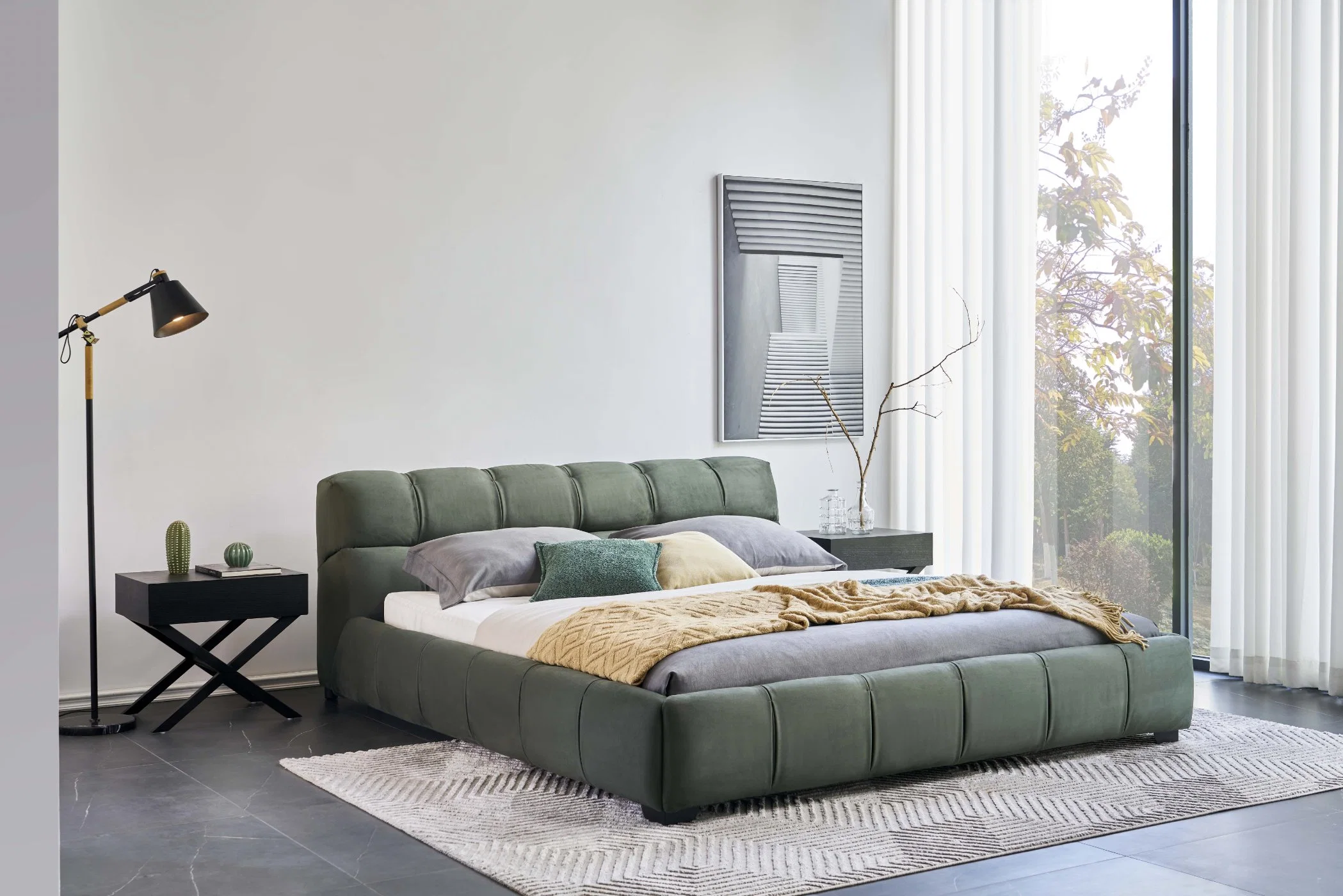 Conjuntos de cama modernos em khaki para quarto, com rugas, tamanho king size, designs italianos, estrutura de cama em tecido de rainha.