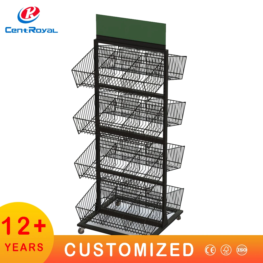 Metal Wire Bottle Candy Potato Chip Food Super Market Snack Display Racks Basket Snacks Display Stand Moving Wheel Floor Stand Food Display Rack