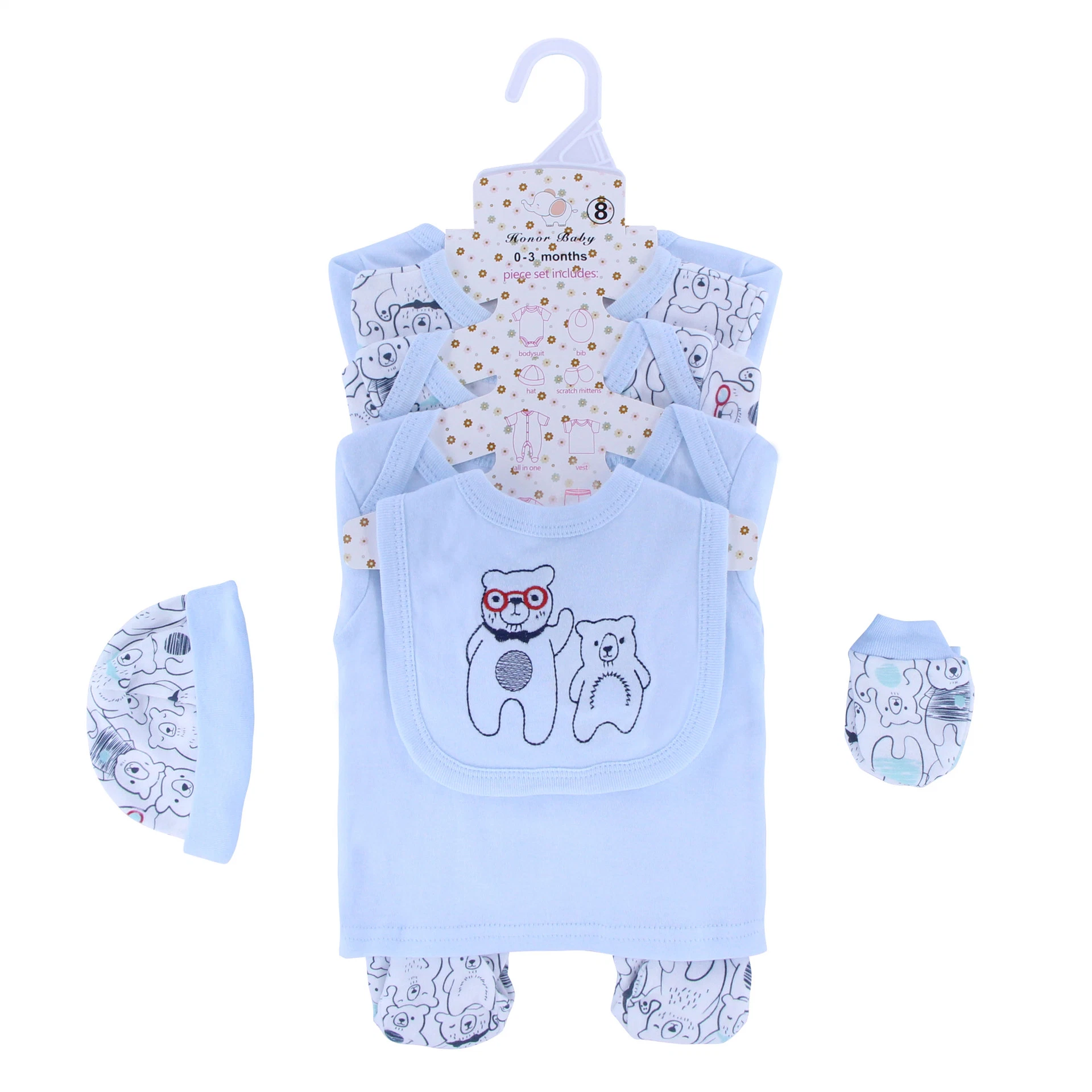 Wholesale/Supplier 5PCS Pack Newborn ensemble de vêtements bébé pyjama bébé Rompers Ensembles-cadeaux chaussettes à motif moufles et bavette bonnet en coton barboteuse pour garçons Ensemble de vêtements pour bébé