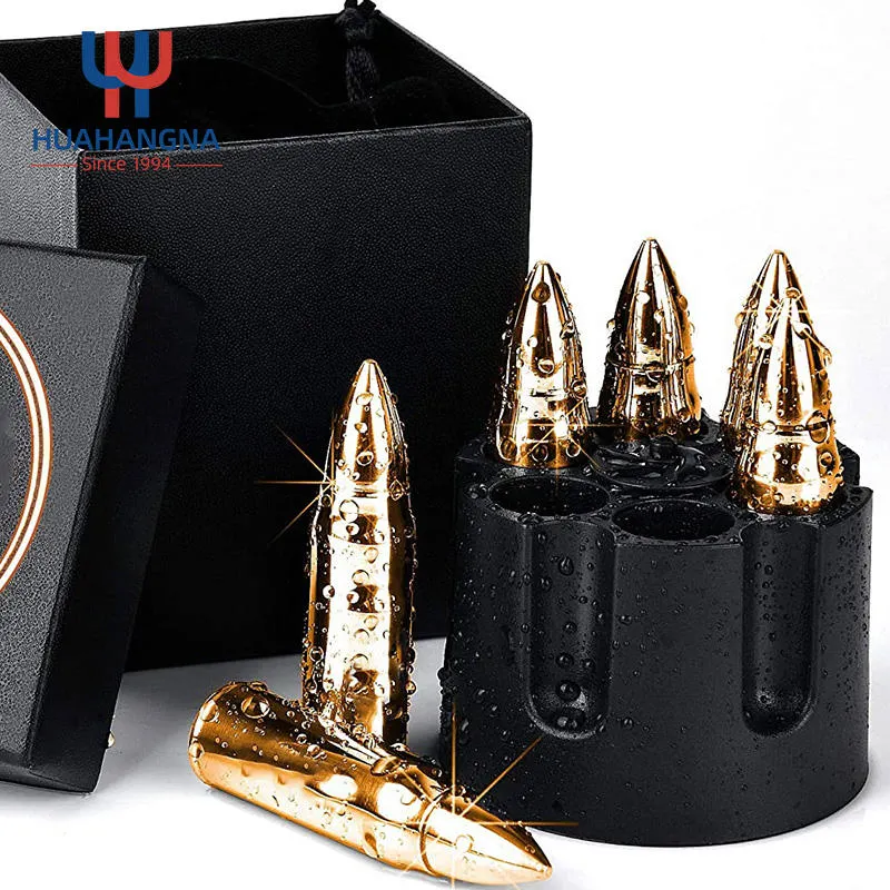 Reusable Custom Logo 6PCS Bullet Shape Gold 304 Stainless Steel Whiskey Stone Set for Gift