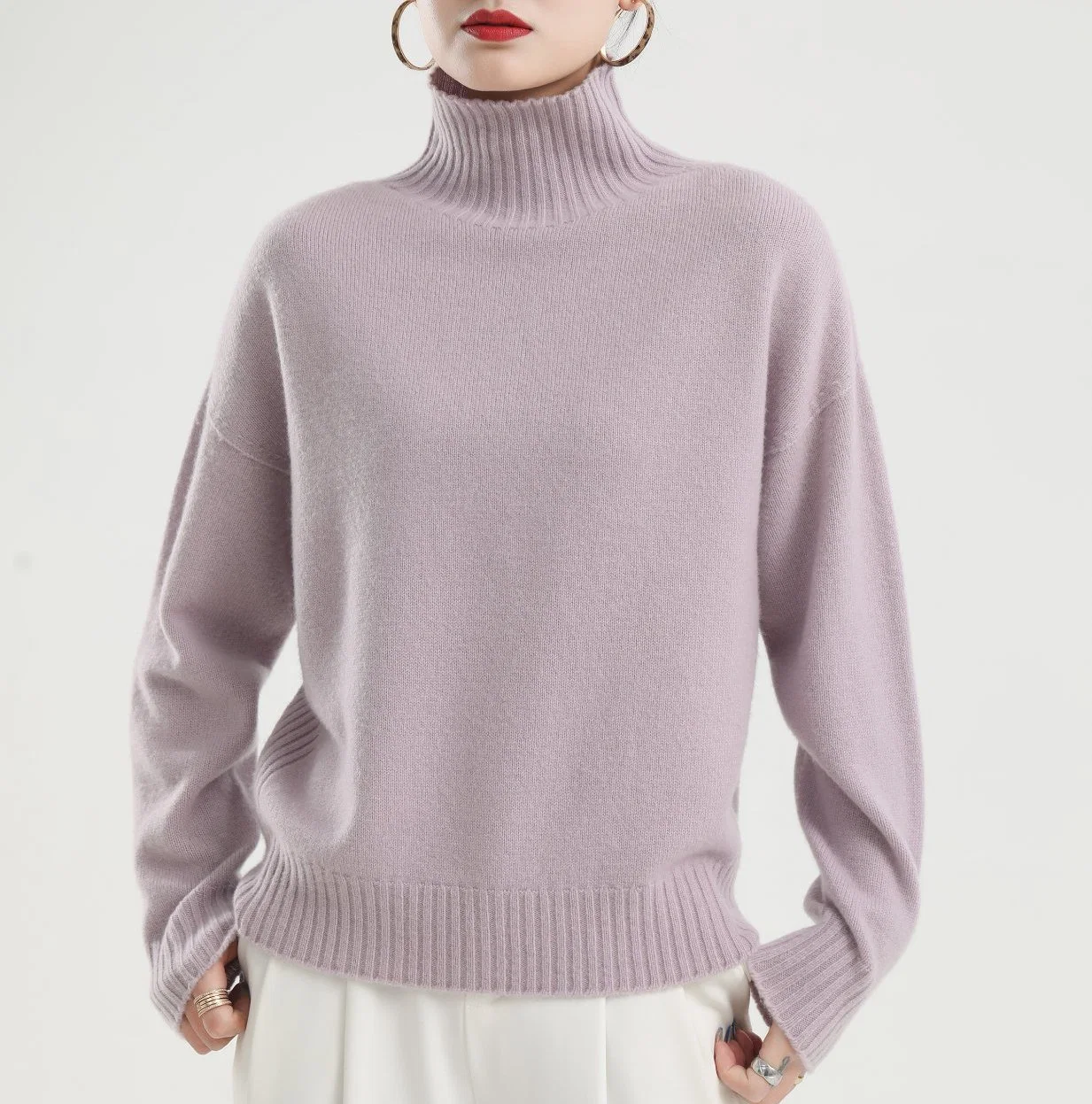 Ladies Fashion 2X2 Rib Turtleneck Wool Cashmere Pullover Sweater