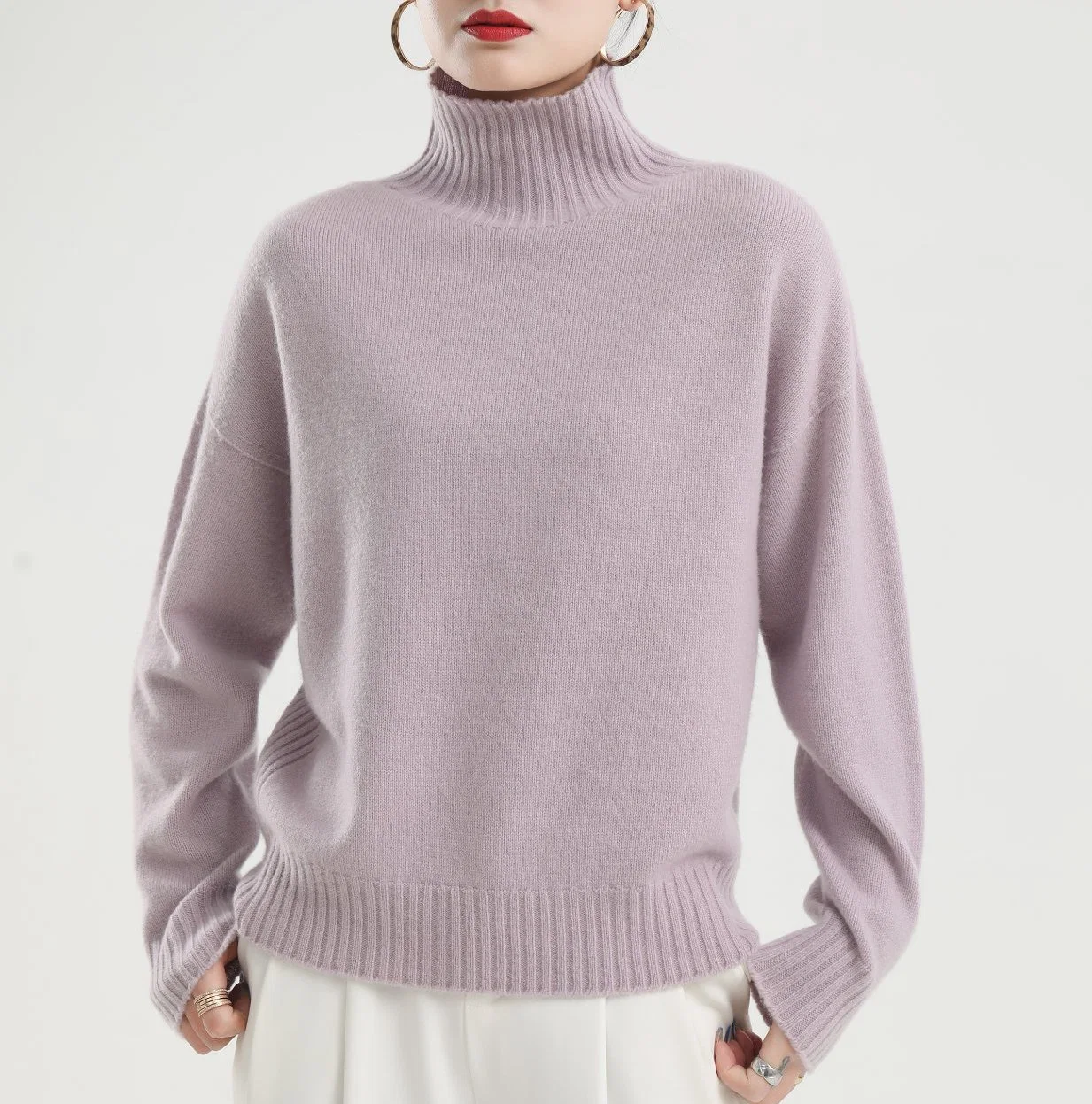 Senhoras Moda 2X2 Rib Turtleneck lã Cashmere Pullover Sweater