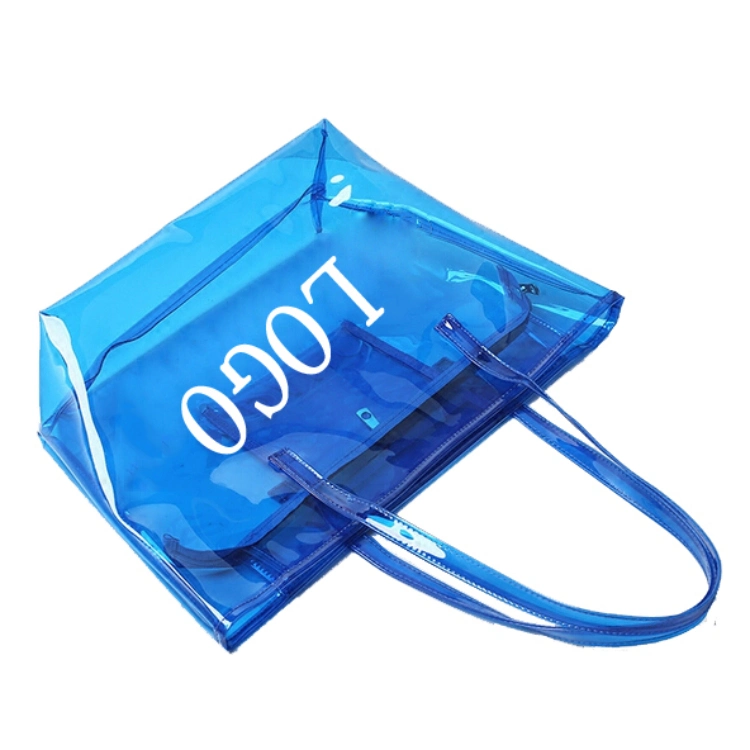 Fashion Wholesale/Supplier Clear PVC Shoulder Tote Bag with Zipper Large Blue Beach Bag Factory Transparent PVC Lady Tote Bag