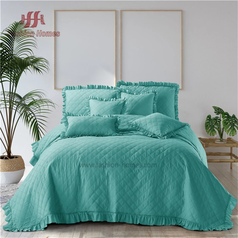 F-2952 Light Green Color Diamond Check Ultrasonic Quilt Pattern with Ruffles Bedspreads