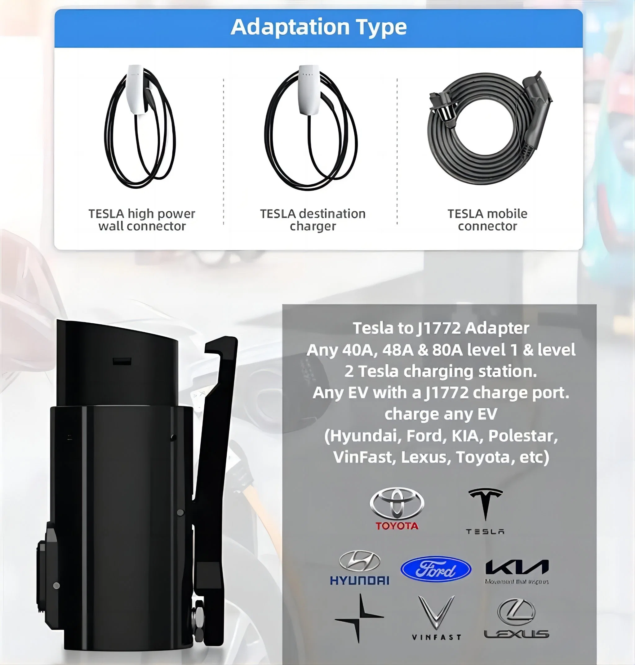 Tragbarer GBT 80A-Adapter für Elektrofahrzeuge Type1 Typ 2 Tesla bis J1772 Type1 High Speed Laden mit Lock 80A 20kW Kfz-Ladeanschluss 110V 250V