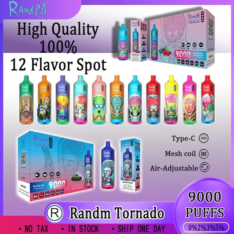 Original Randm Tornado 9K Puff jetable E cigarettes Vape desechable Batterie Pod 18 ml à bobine en maille 0,8 ohms, batteries électroniques CIGS rechargeables 9K 0% 2% 3% 5%