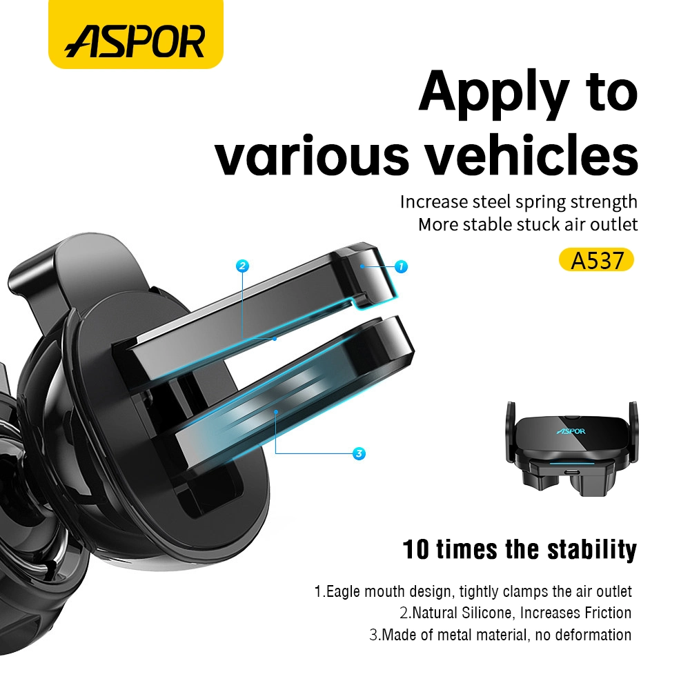 Aspor Newest Design2.5D Glass Screen Aluminum Alloy PVC 360 Degree Rotated Support Typec Charge Foldable Car Holder