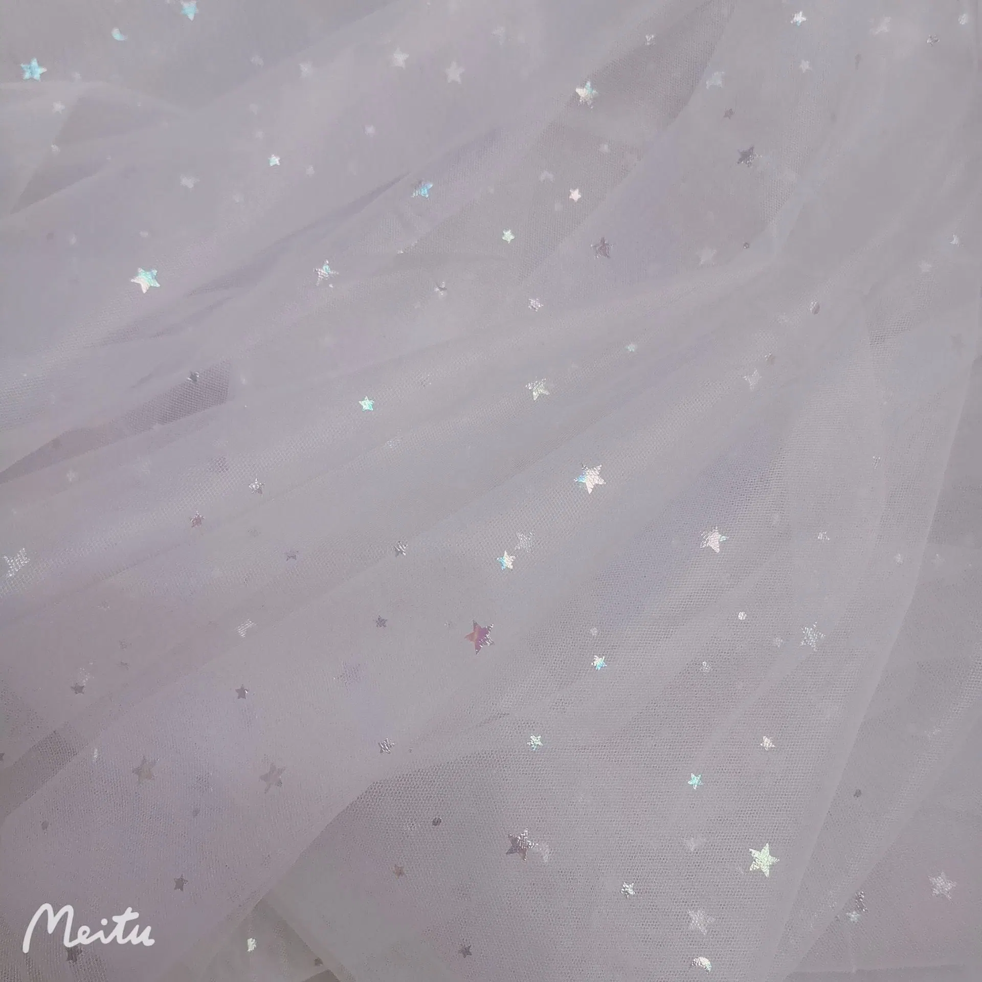 White Silver Foil Stamp Printed Tulle Iridescent Foil Shooting Star Design Nylon Mesh Fabric