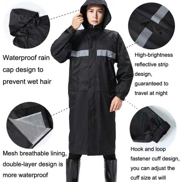 China Manufacture Fashionable Long Windbreaker Siamese Raincoat Outdoor Adult Reflective Riding Rain Coat