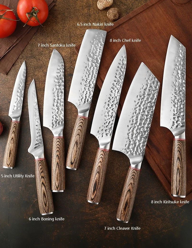 7pcs Juego de cuchillos de cocina con mango de madera 4Cr13 deshuesado de acero Nakiri Santoku Kiritsuke cuchillo chef