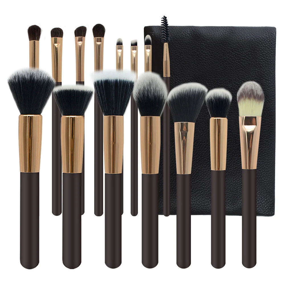 Juego de cepillos de maquillaje 15pcs café Marrón Mango de madera de su propia marca profesional de brochas de maquillaje con bolsa