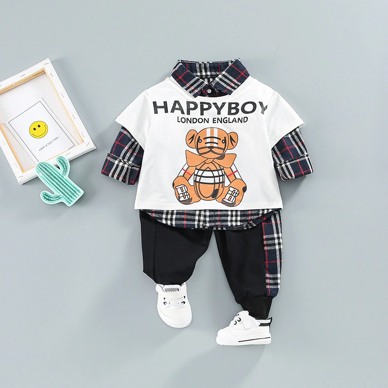 New Design Baby Boy Set T-Shirt+Long Sleeve Grid Shirts+ Cotton Pants Kids Clothing