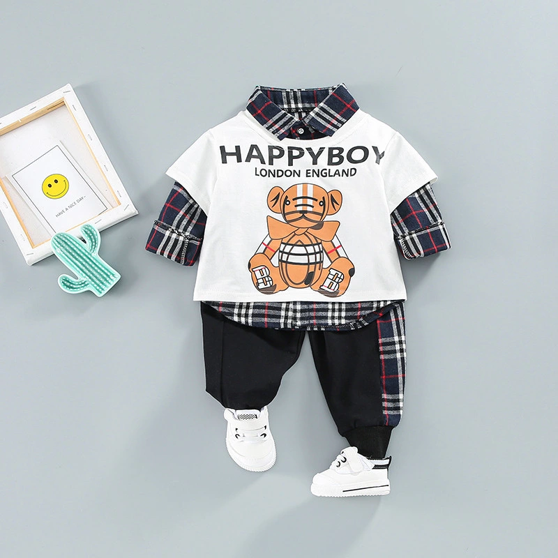 Nuevo diseño Baby Boy Set Camiseta+Camisetas de manga larga con rejilla+ algodón Pantalones ropa para niños