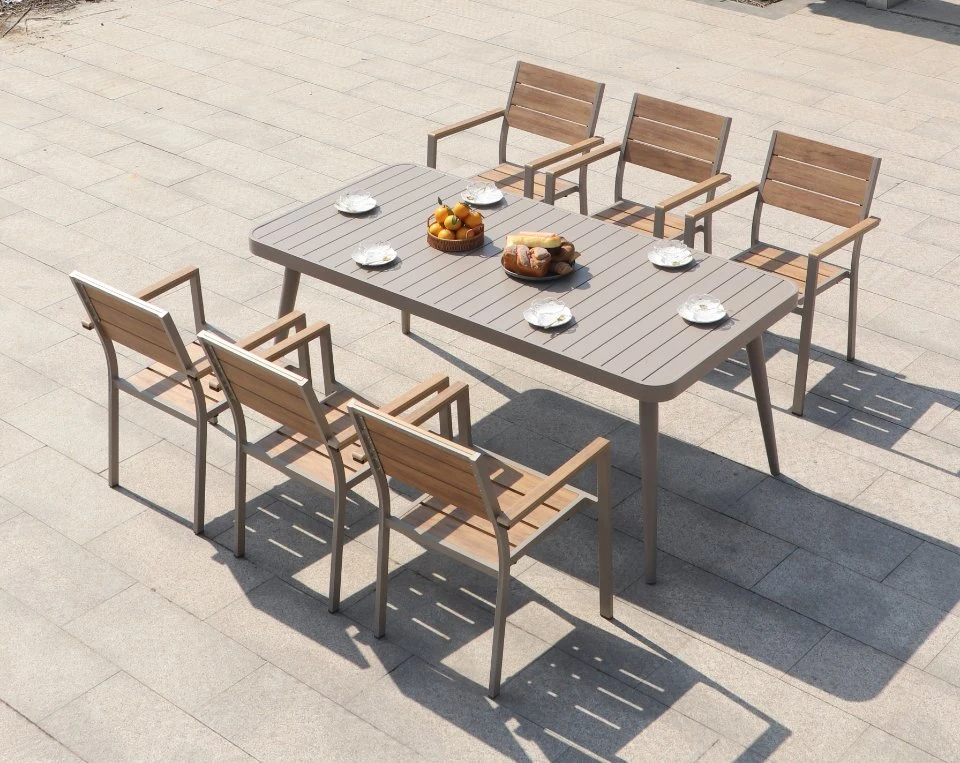 Freizeit Outdoor Kunststoff Holz Aluminium Stühle und Tische Composite wasserdicht Sonnencreme-Outdoor Courtyard Garden Hotel Milk Tea Shop