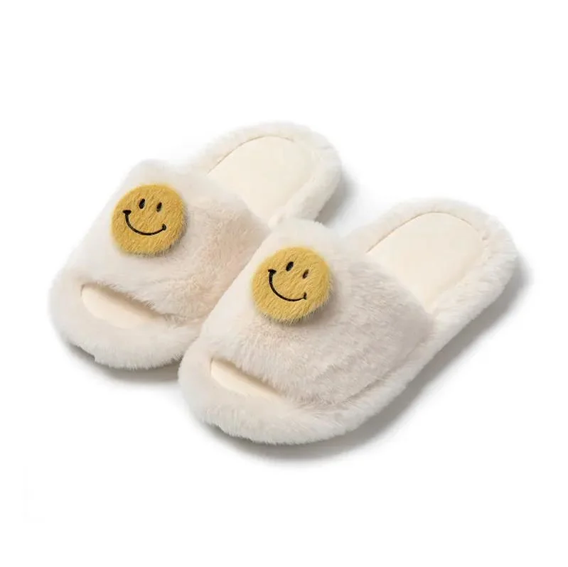 Smiley Open Toe Baumwolle Winter Home Indoor Plüsch Damen warm Fuzzy Schuhe Smile Face Hausschuhe