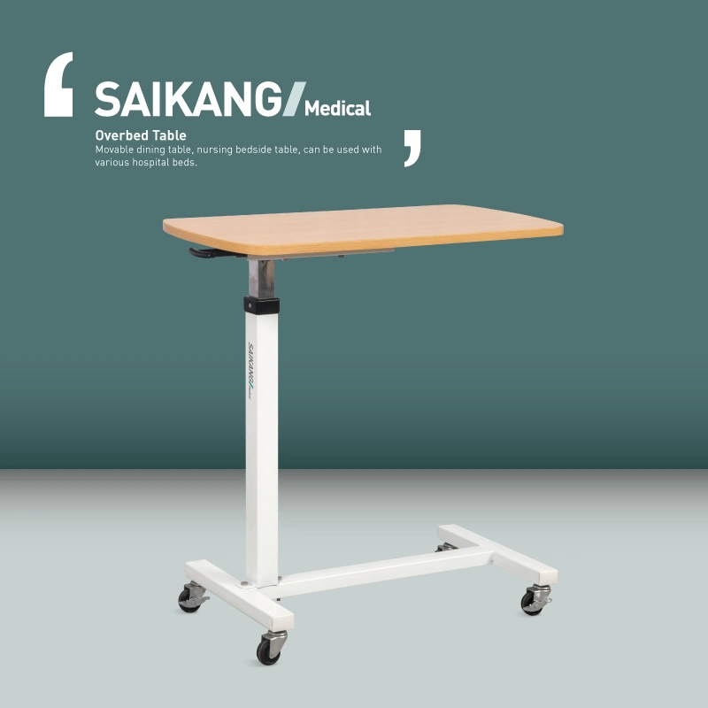 Skh042 Durable Movable Wooden Hospital Furniture Adjustable Medical Overbed Table with Casters