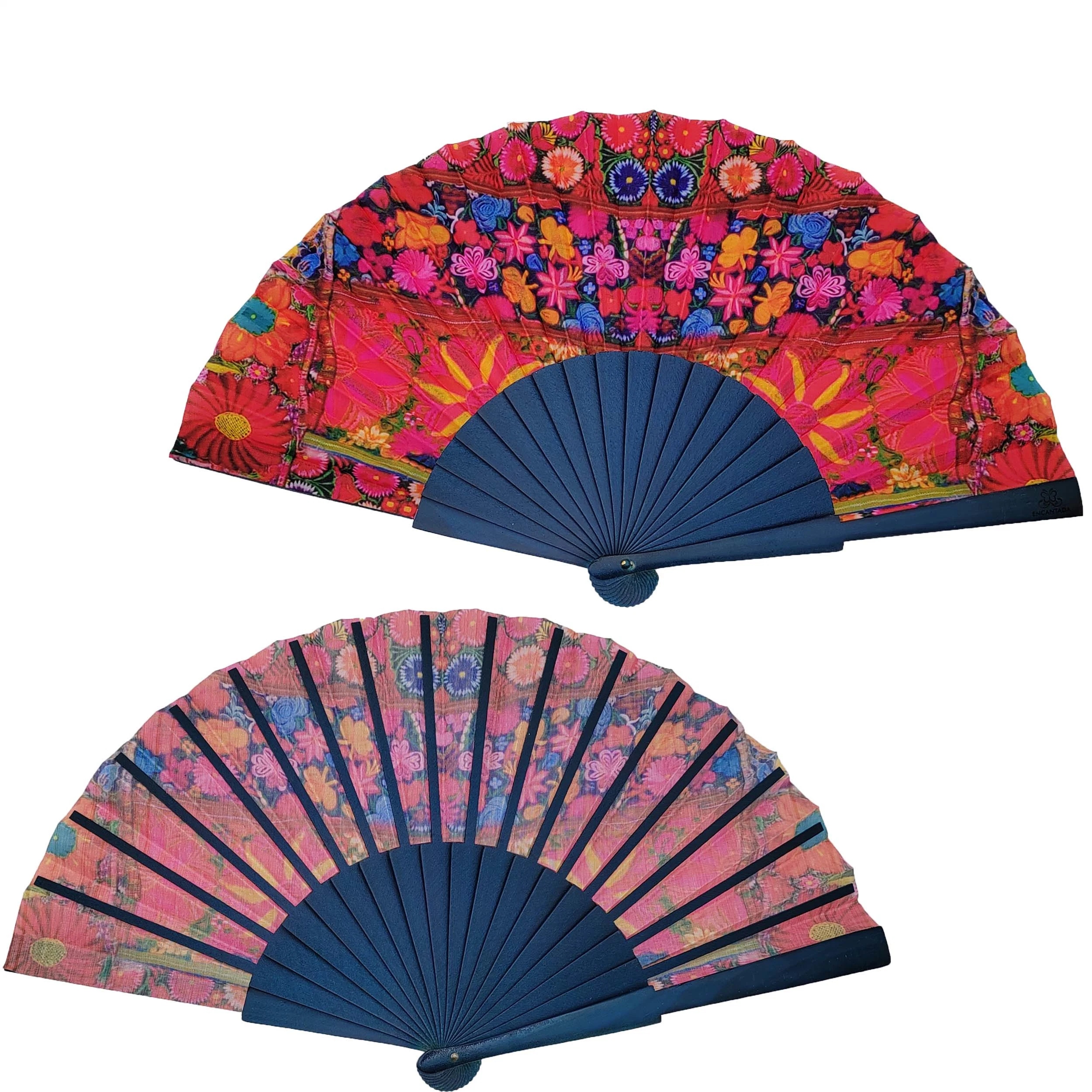 Painted All Color of The Ribs+Customized Fabric Wood Hand Fan for Gift Size 9" 42