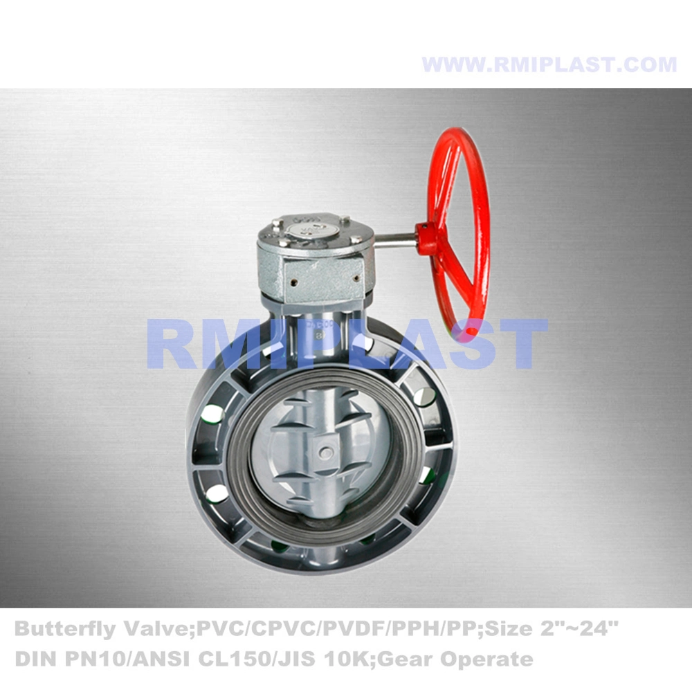 Themoplastic PVC Butterfly Valve by Wafer Flange Universal Standard ANSI #150 JIS10K DIN Pn10 100A 125A 150A 200A 250A 300A 350A 400A 500A 600A Gear Drive