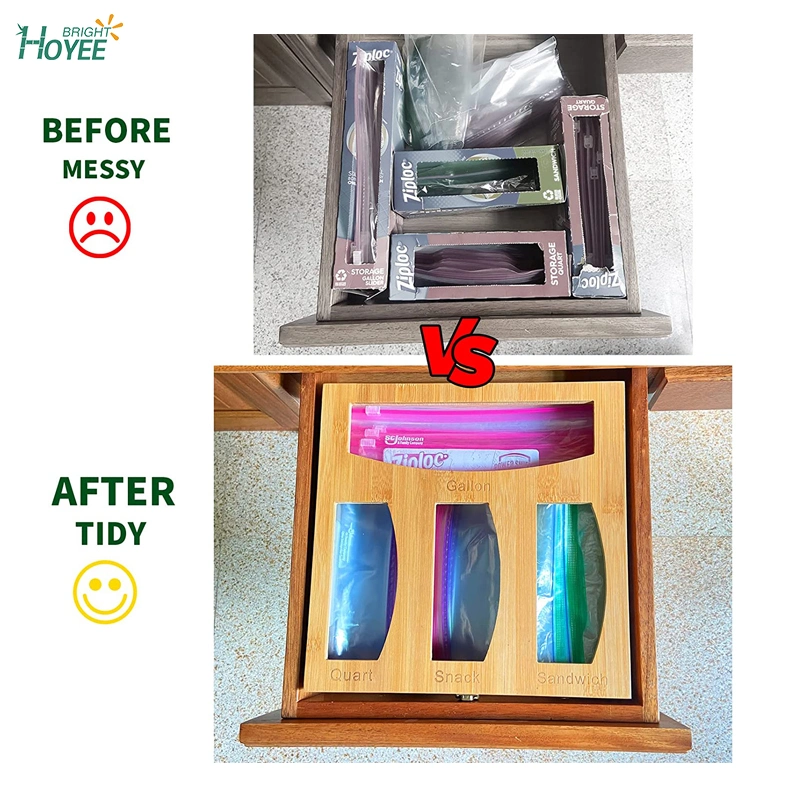 Eco-Friendly Bamboo Ziplock Bag Storage Organizer and Dispenser for Kitchen Drawer