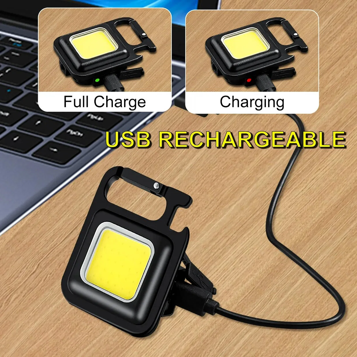 Mini Luz de trabajo portátil de bolsillo de COB recargable USB 3 Modos de luz brillante llavero Luz para Camping
