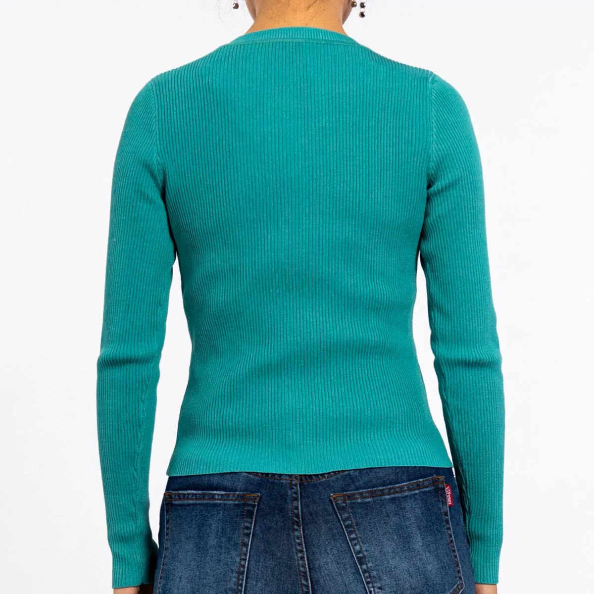 Women's Round Neck Pearl Decorative Collar Bottoming Knit Tops Green Sweater Pullover