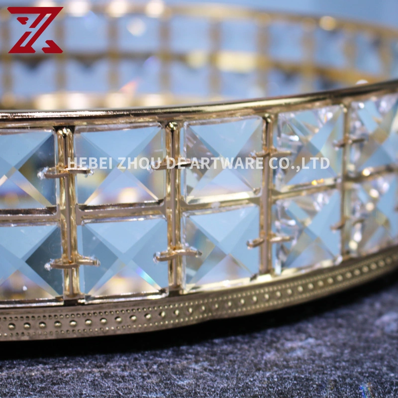 High quality/High cost performance Round Gold Glass Serving Trays Metal Electroplating Crystal Mirror Tray for Luxury Decorative