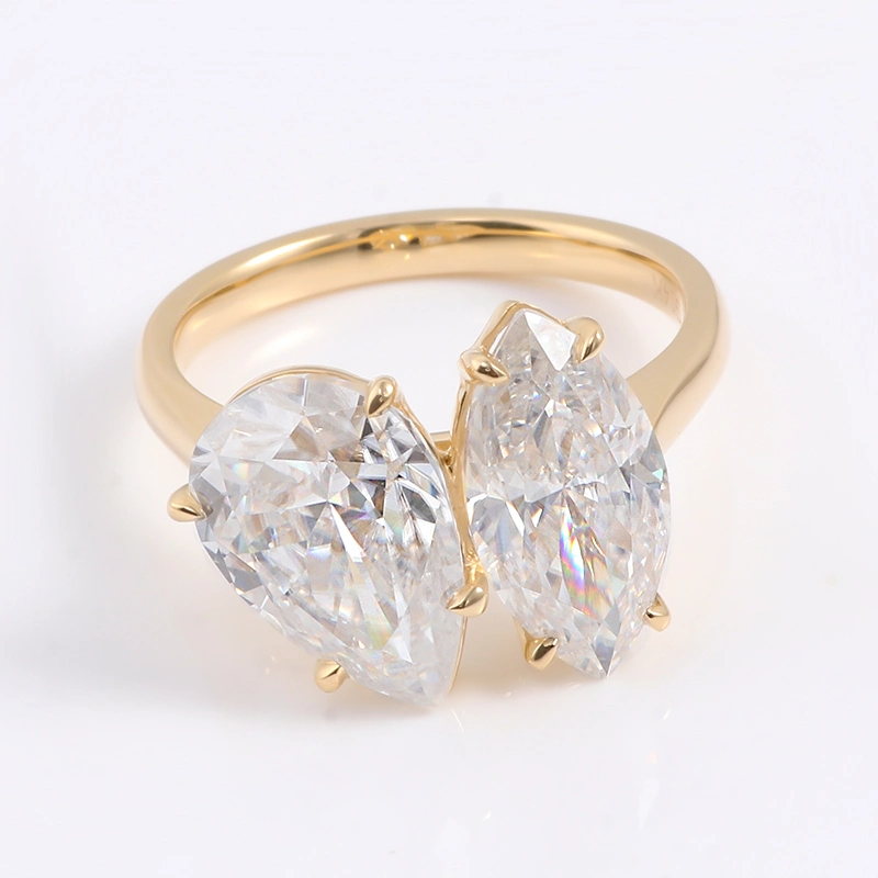 Custom Jewelry Eye-Catching Pear & Marquise Moissanite Two-Stone 10K 14K 18K Gold Engagement Ring