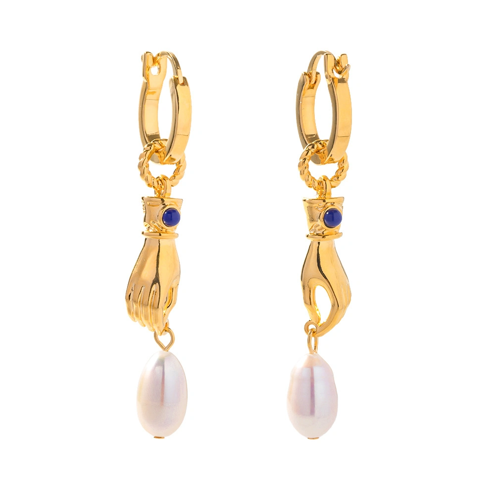 Retro 18K latão revestido a ouro Lapis pedra forma mão água doce Jóias Pearl Drop Earring para mulheres