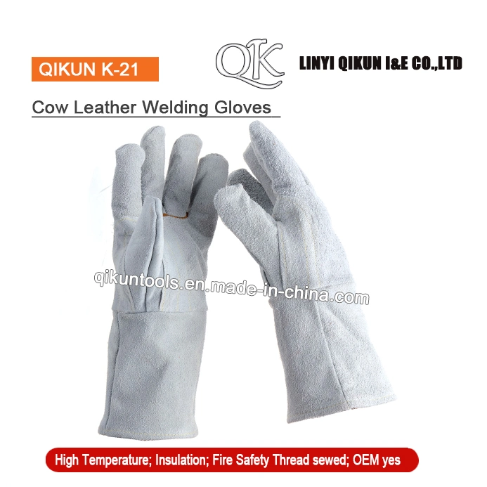 K-21, color gris de la seguridad de trabajo de cuero de vaca guantes de soldadura