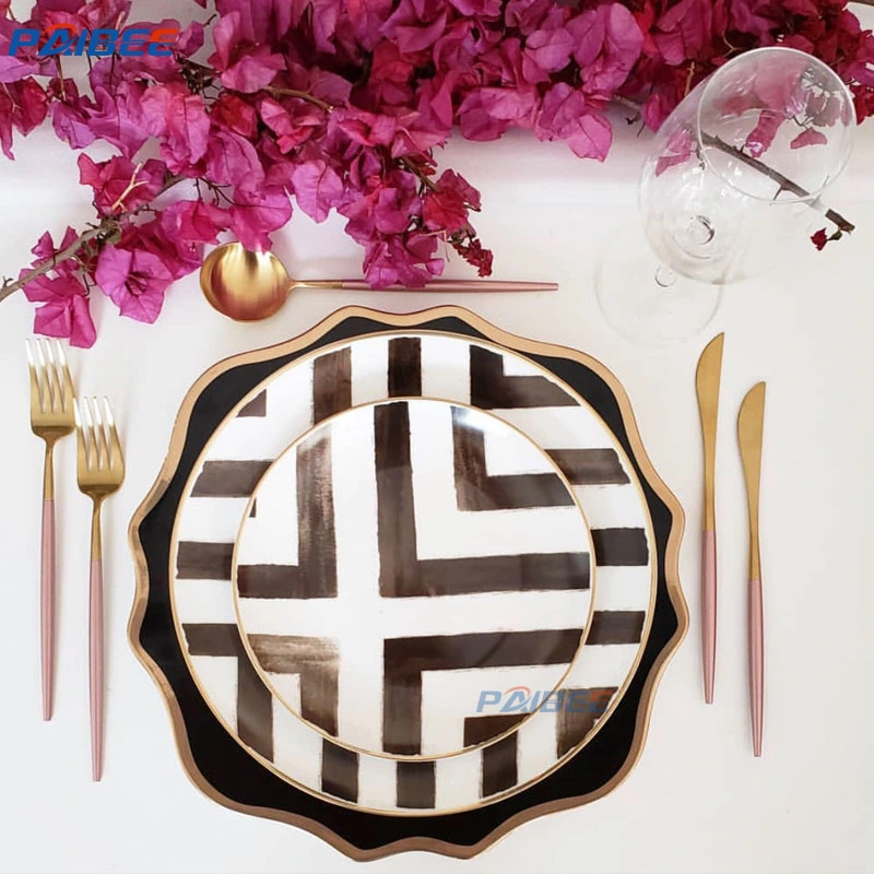 Paibee Cross Road Vintage Dinnerware Ceramic Black and White Fine Bone China Plates Sets