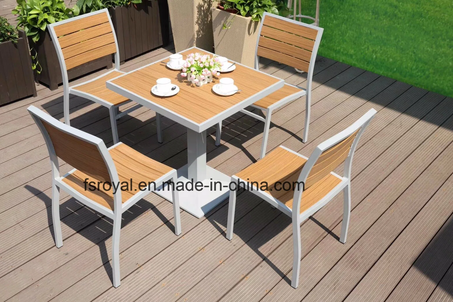 Outdoor Hotel Patio Plastic Wood Beach Dining Chair Set Faux Wood Furniture