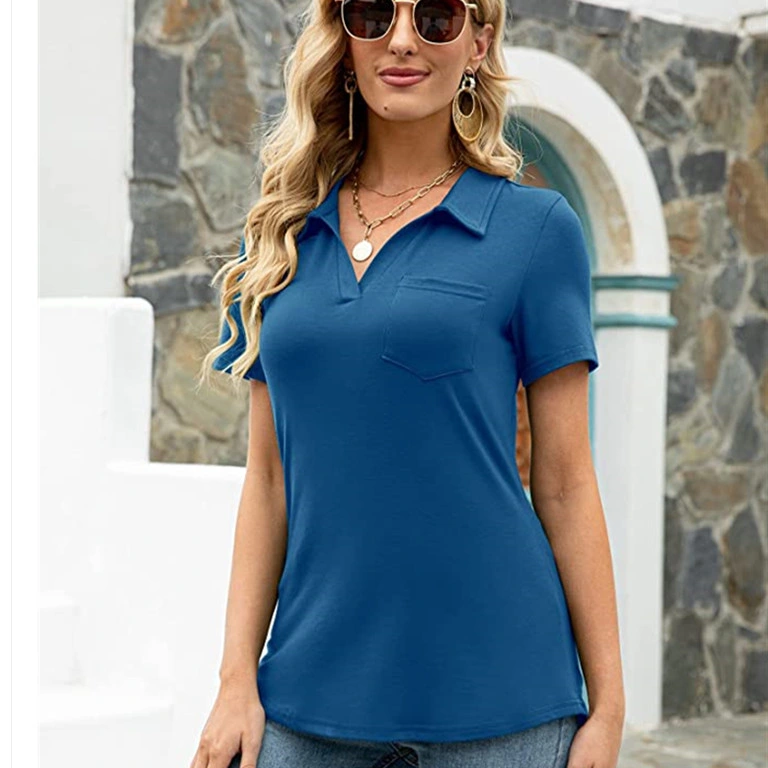 Short Sleeve Collared Women Polo Shirt with Pocket