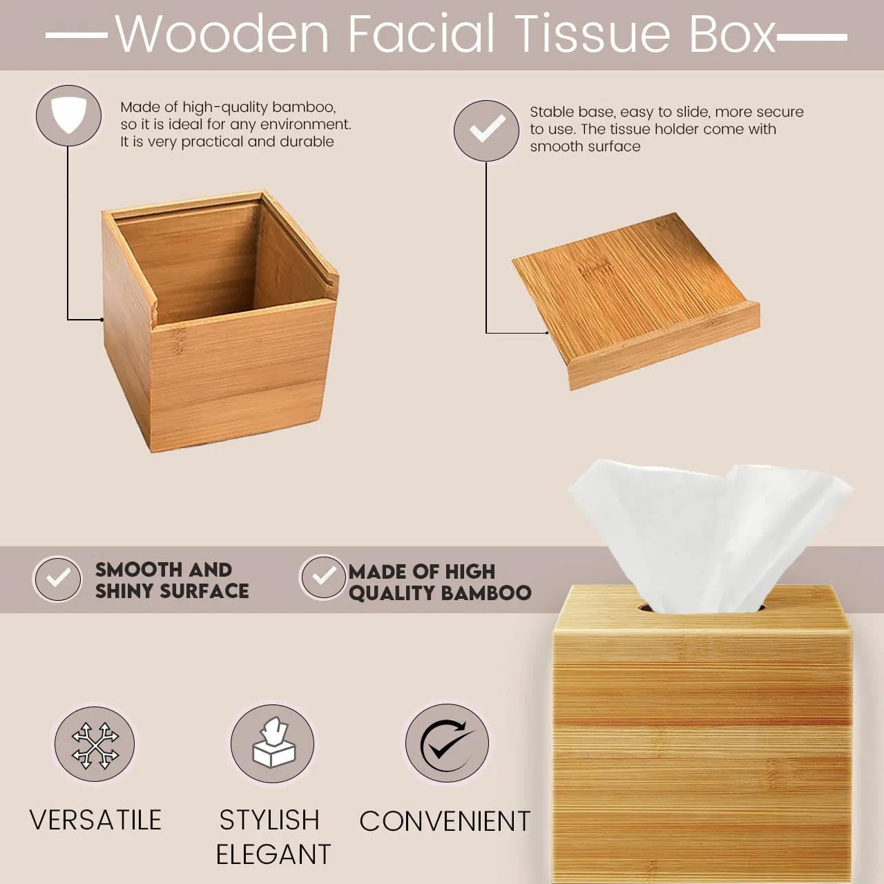 Square Bamboo Cover Madera papel de baño dispensador de papel facial tejido de oficina Caja